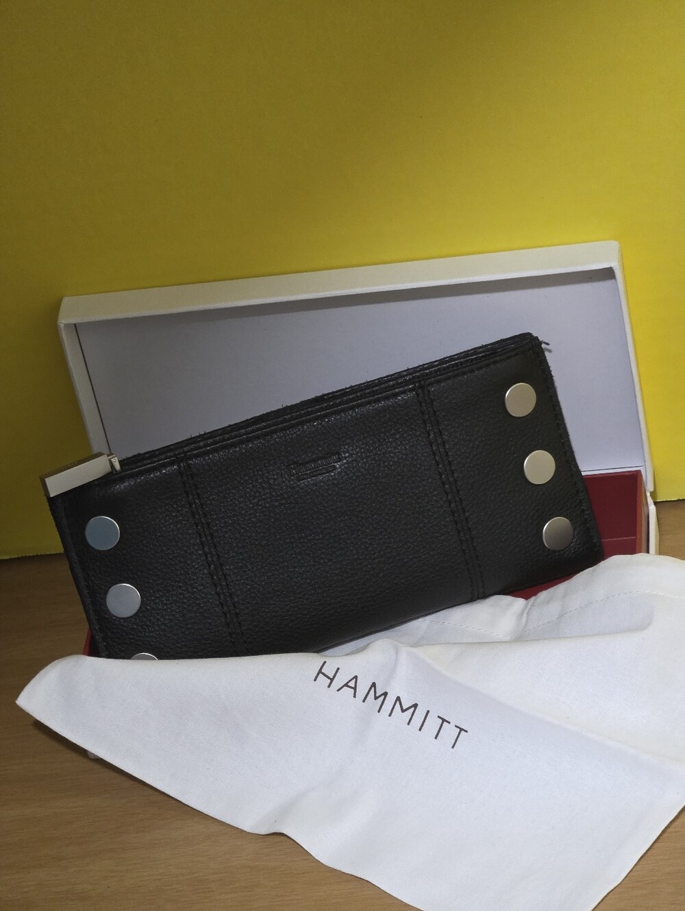 Hammitt Black Pebbled Leather 110 Wallet with Silver Studs